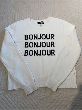 Karl Lagerfeld White Crewneck Sweater with Black 'BONJOUR' Text